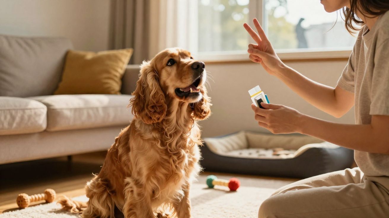 Pessoa a treinar um cão castanho sentado em sala de estar iluminada.