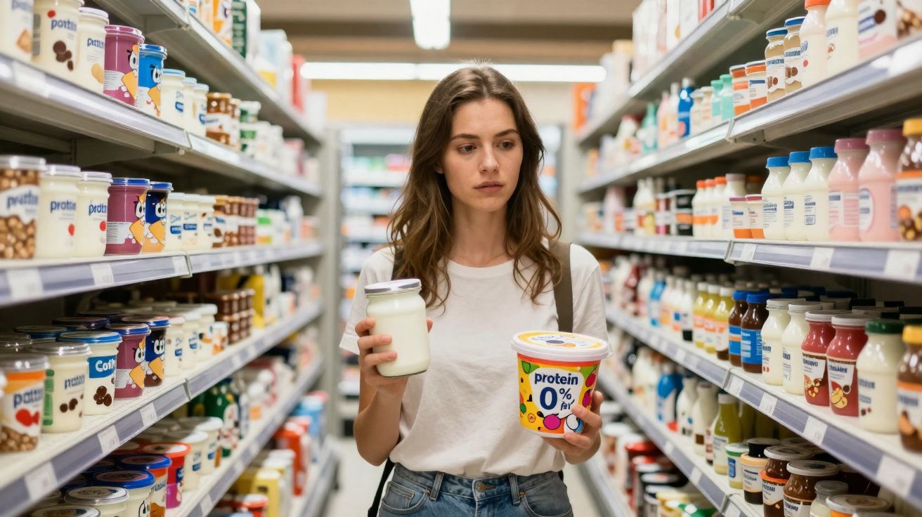 Mulher jovem escolhe iogurte na secção de produtos lácteos de supermercado.