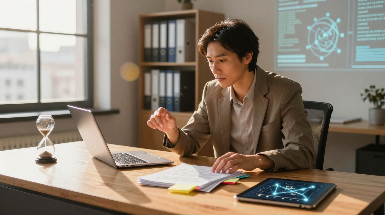 Homem jovem a trabalhar num escritório com laptop, documentos e tablet com gráficos digitais.
