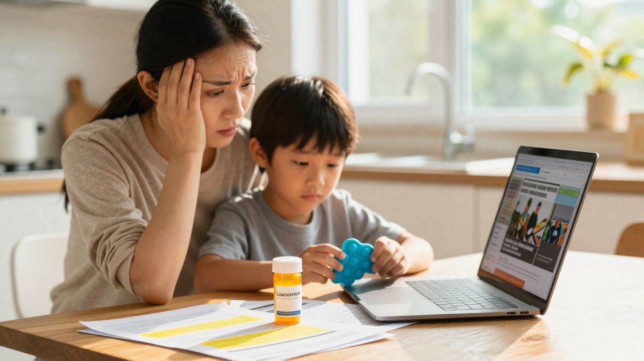 Mãe preocupada ao lado do filho com brinquedo, laptop e medicamentos numa mesa de cozinha.