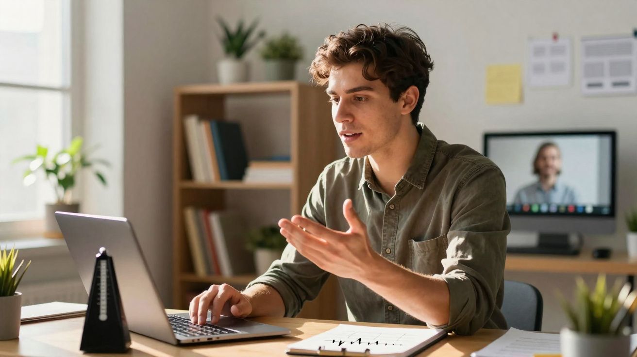 Homem jovem em casa numa videochamada, gesticulando e usando portátil numa mesa de trabalho com plantas e livros.
