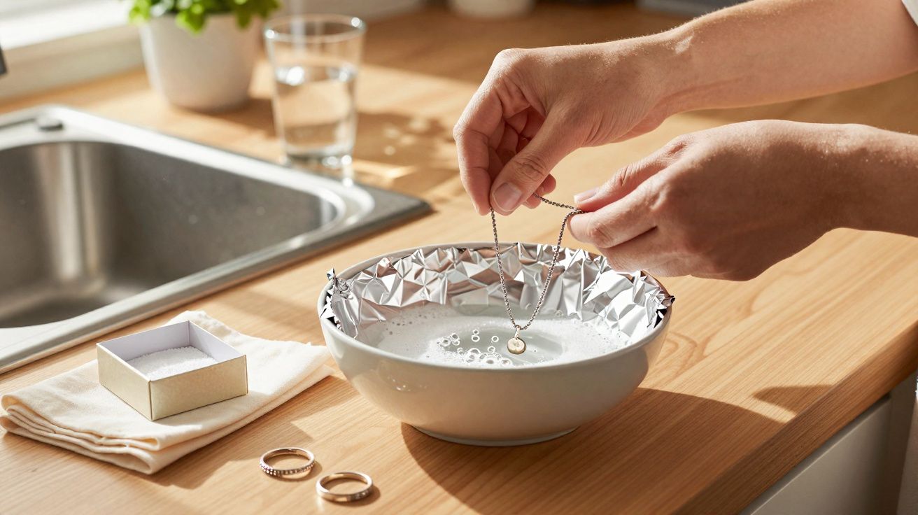 Mãos a limpar um colar numa tigela com solução de limpeza forrada a alumínio sobre uma bancada de cozinha.