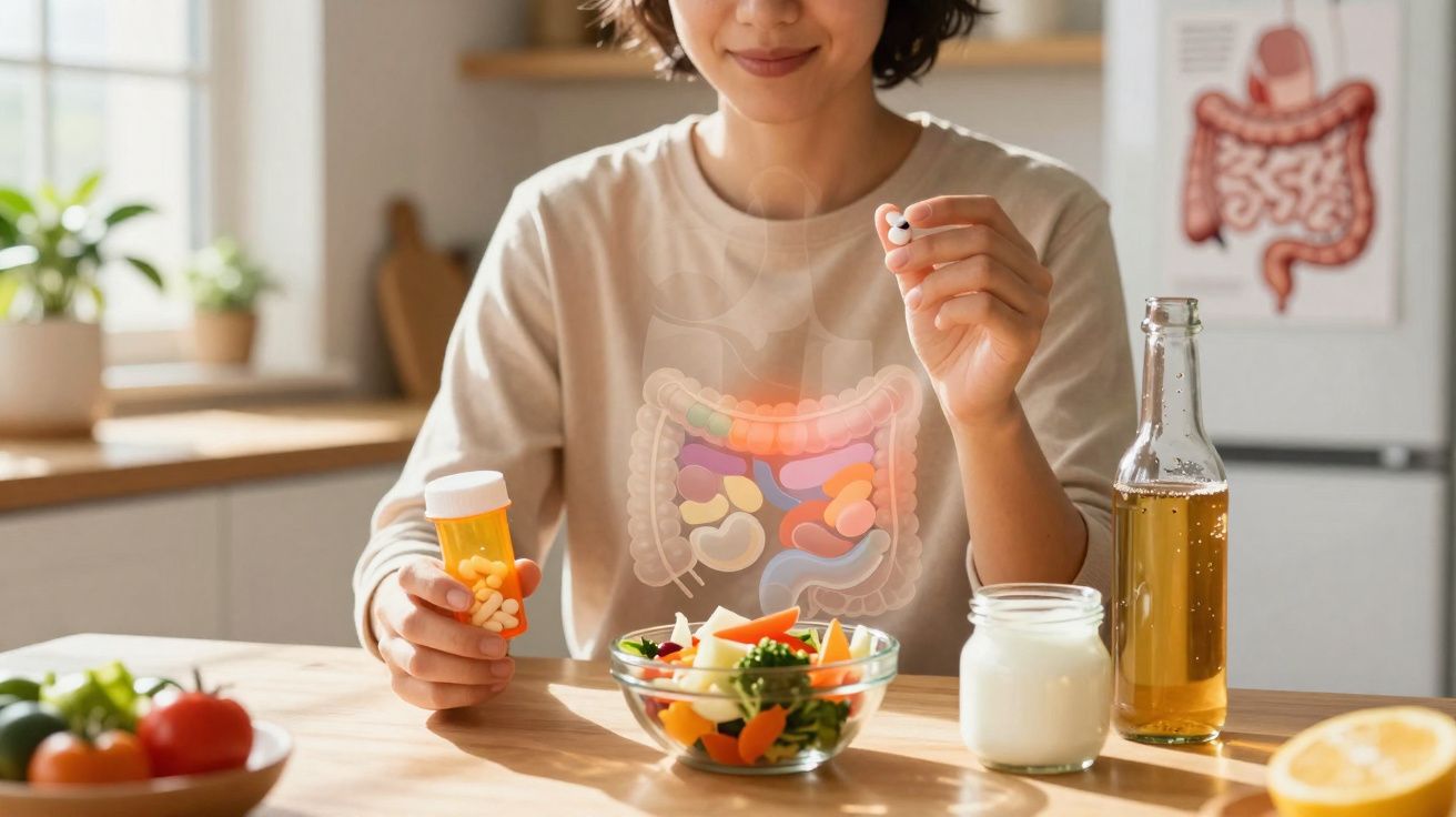 Pessoa a tomar suplementos para saúde intestinal com salada, iogurte e bebida à mesa na cozinha.