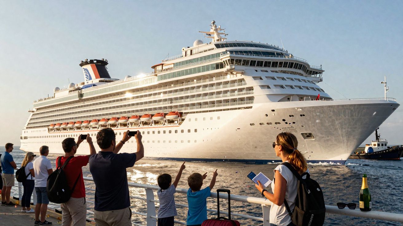 Cruzeiro de luxo branco a passar junto a cais com pessoas a fotografar e observar crianças a apontar para o navio.