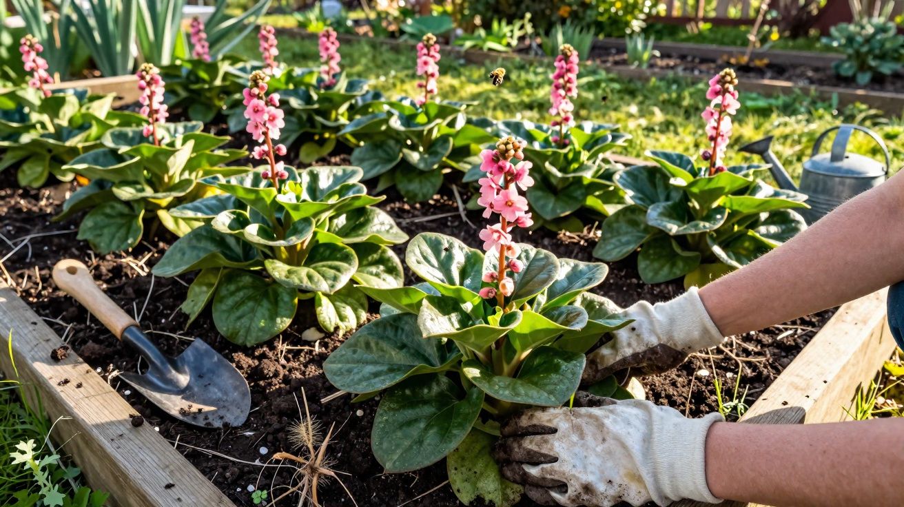 Mãos com luvas a plantar flores cor de rosa num canteiro de madeira num jardim ensolarado.