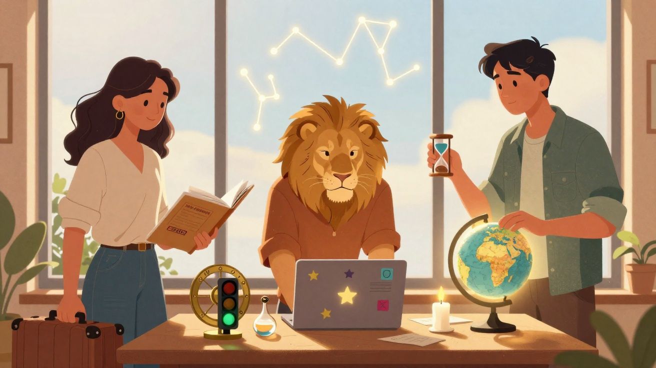 Três jovens numa sala com leão de cabeça humana a usar portátil e objetos como globo, ampulheta e constelação no fundo.