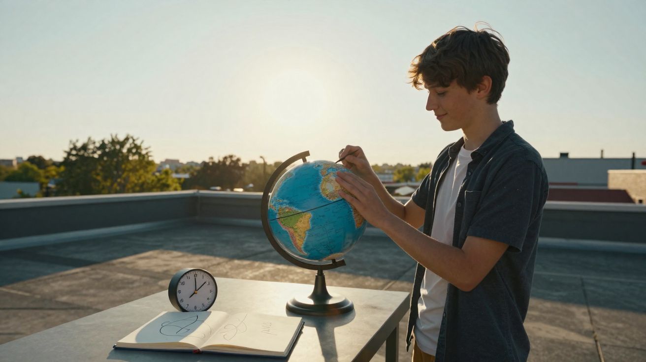 Rapaz a apontar para um globo terrestre num terraço ao pôr do sol com relógio e caderno numa mesa.