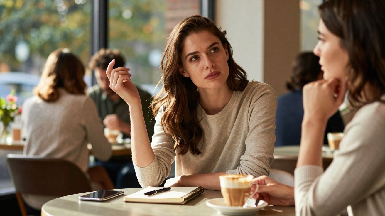 Duas mulheres sentadas numa mesa de café a conversar, com caderno e telemóvel à frente.