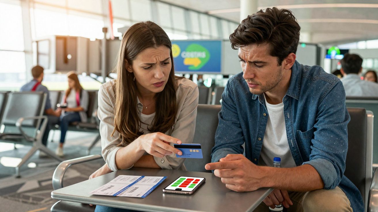 Casal preocupado no aeroporto a consultar saldo no telemóvel com cartão de crédito e bilhetes na mesa.
