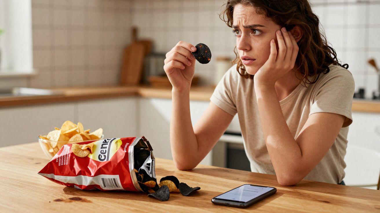 Mulher preocupada segurando batata preta, saco aberto e telemóvel numa mesa de cozinha.