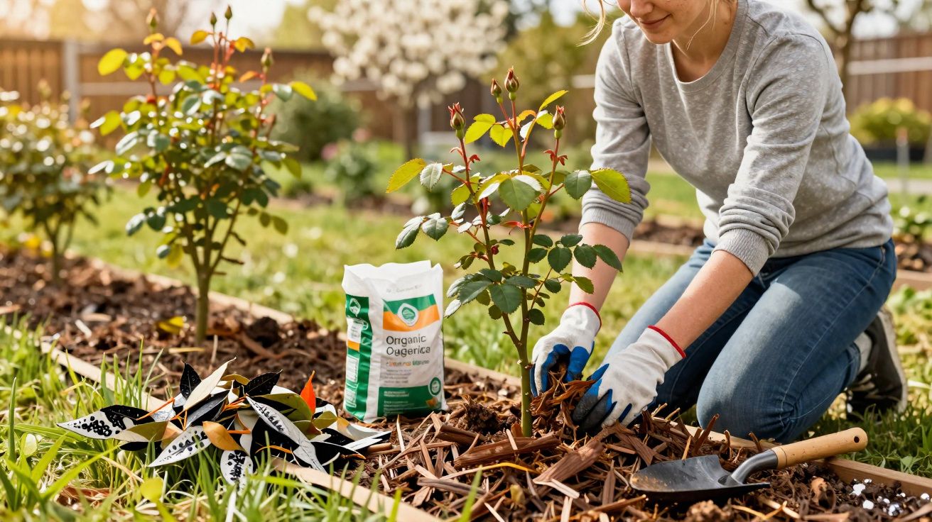 Mulher a cuidar de planta de rosa num jardim com luvas e ferramentas de jardinagem.