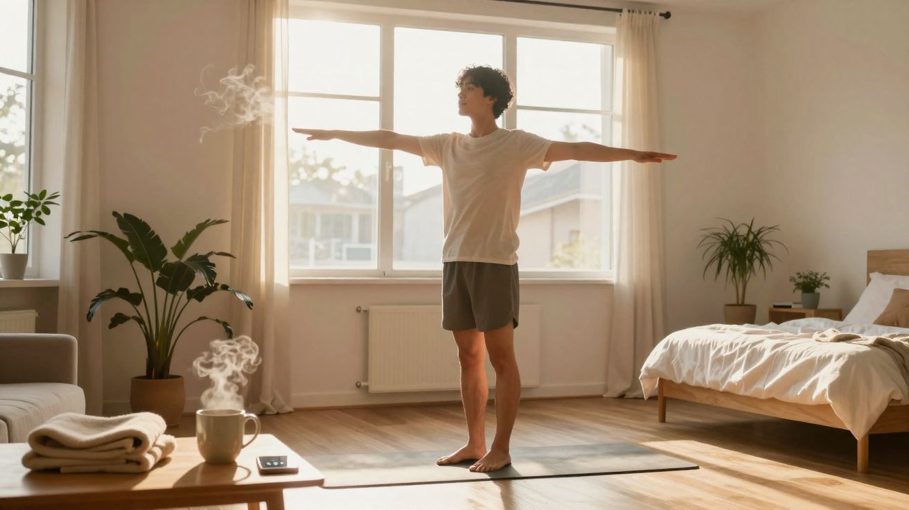 Pessoa jovem a fazer alongamentos numa sala iluminada ao amanhecer.