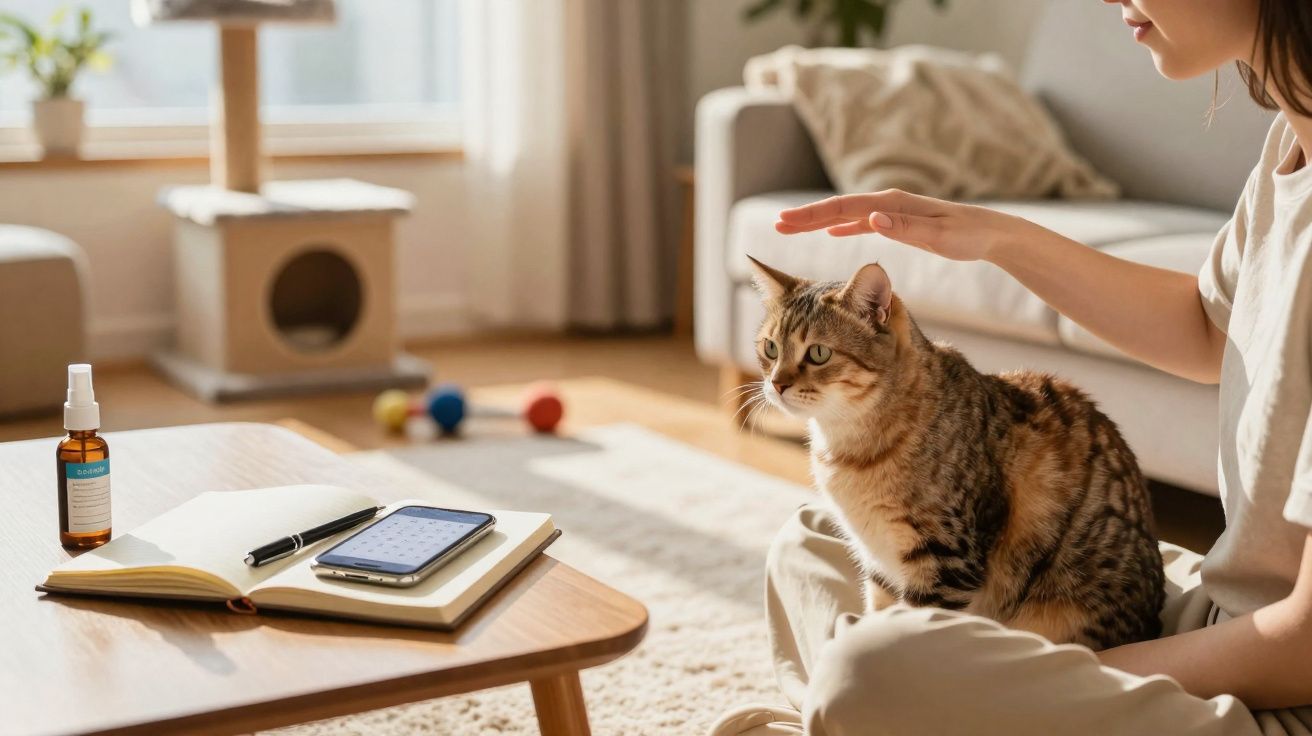 Gato sentado ao lado de pessoa que lhe estende a mão numa sala acolhedora com brinquedos e caderno numa mesa.