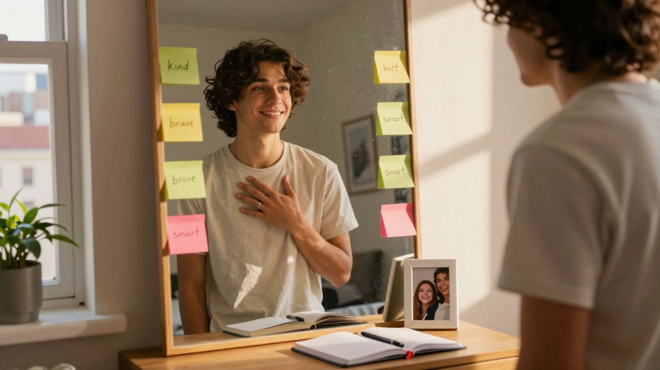 Jovem sorri enquanto se olha ao espelho com notas motivacionais coladas na moldura.