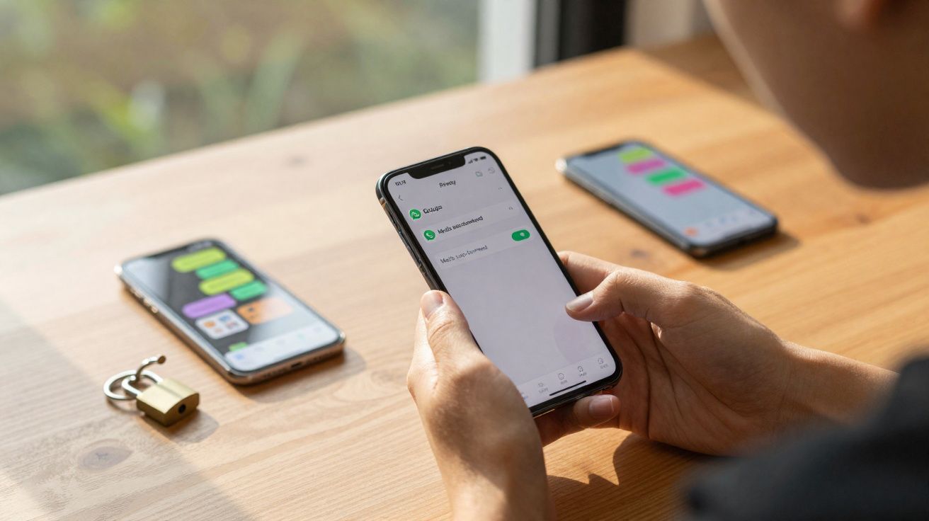 Pessoa segura smartphone com definições da app de mensagens abertas, duas outras com chat visíveis sobre secretária de madeir