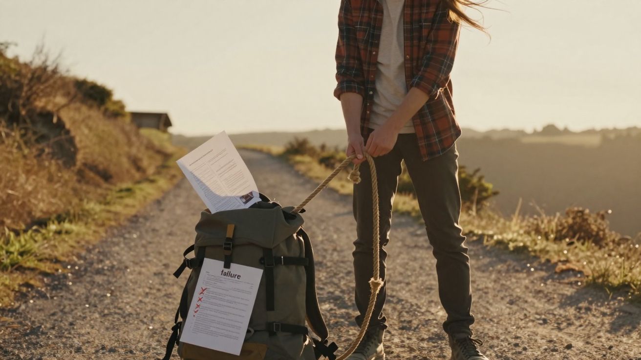 Pessoa a arrastar uma mochila com documentos ligados por uma corda numa estrada rural ao pôr do sol.