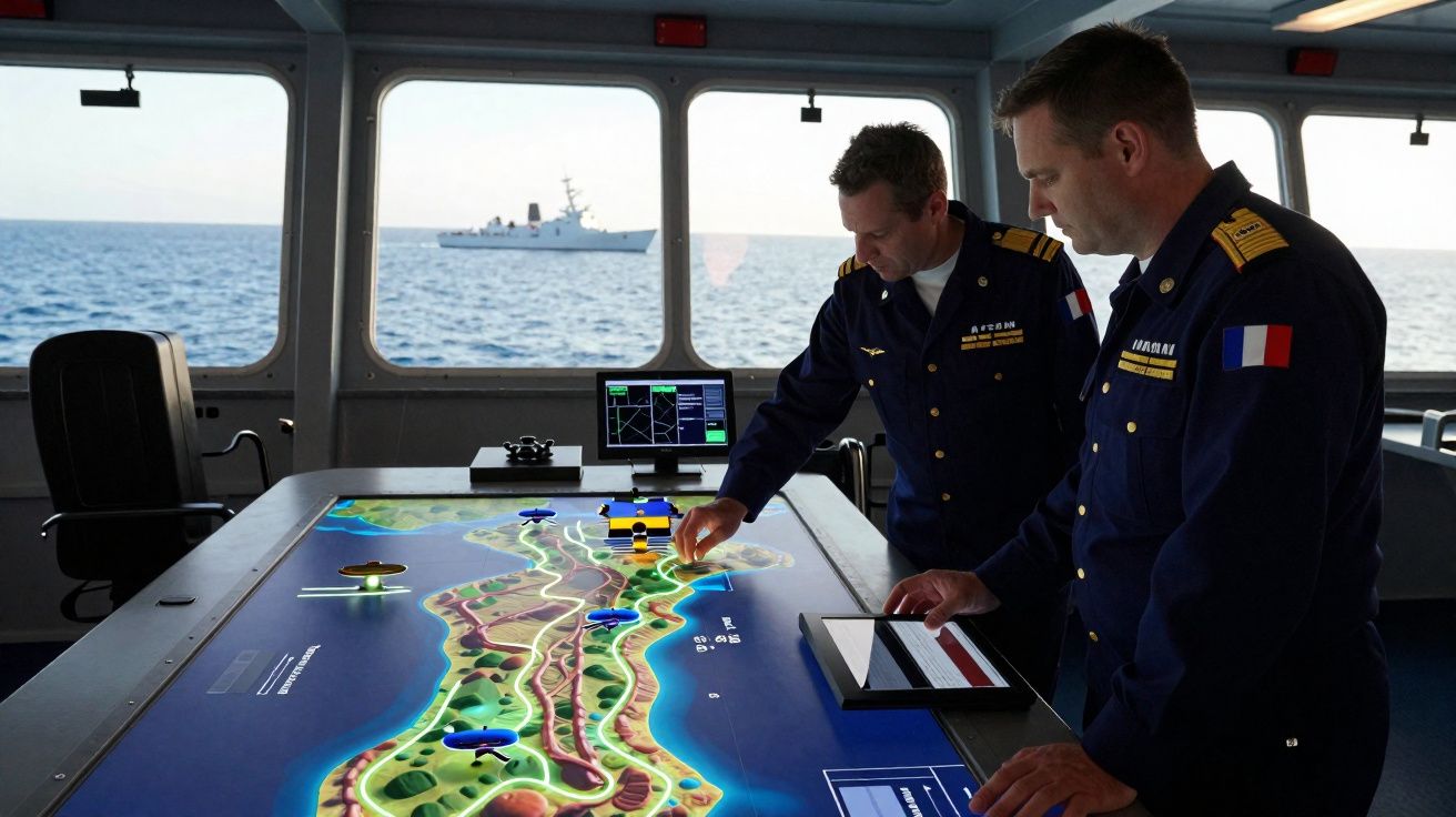 Dois oficiais em uniformes navais franceses analisam um mapa digital interativo numa sala com vista para o mar.