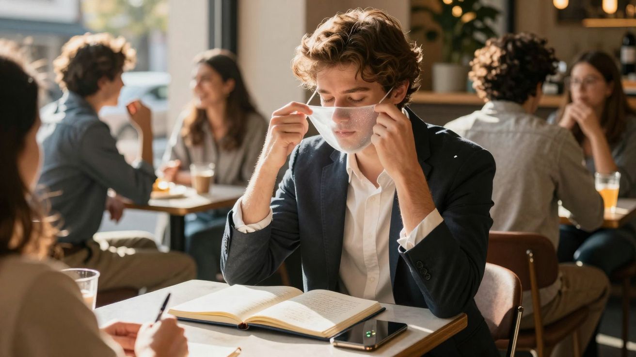 Jovem a colocar máscara facial enquanto lê livro numa cafetaria com outras pessoas à volta.