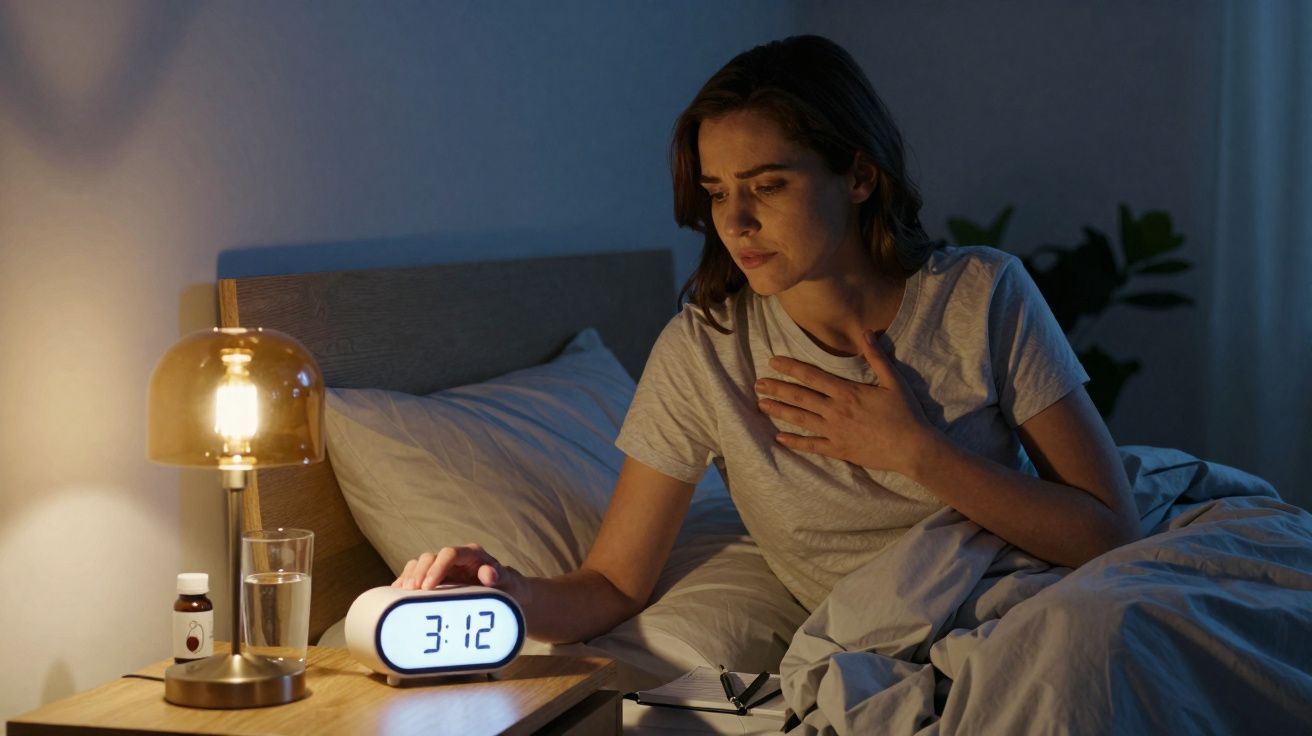 Mulher deitada na cama com mão no peito, acordada a olhar para relógio digital às 3:12 da manhã.