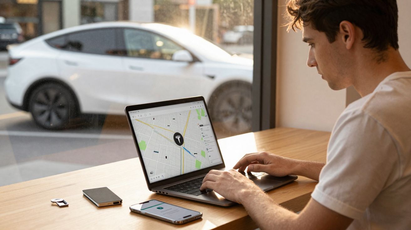 Homem sentado numa mesa a usar laptop com mapa da Tesla, com carro Tesla visível através da janela.