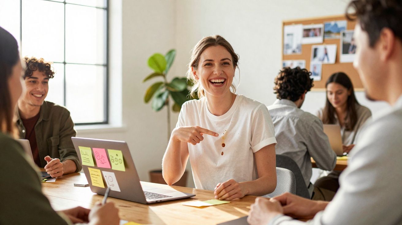 Grupo de jovens a trabalhar e sorrir à volta de uma mesa com computadores e notas autocolantes.