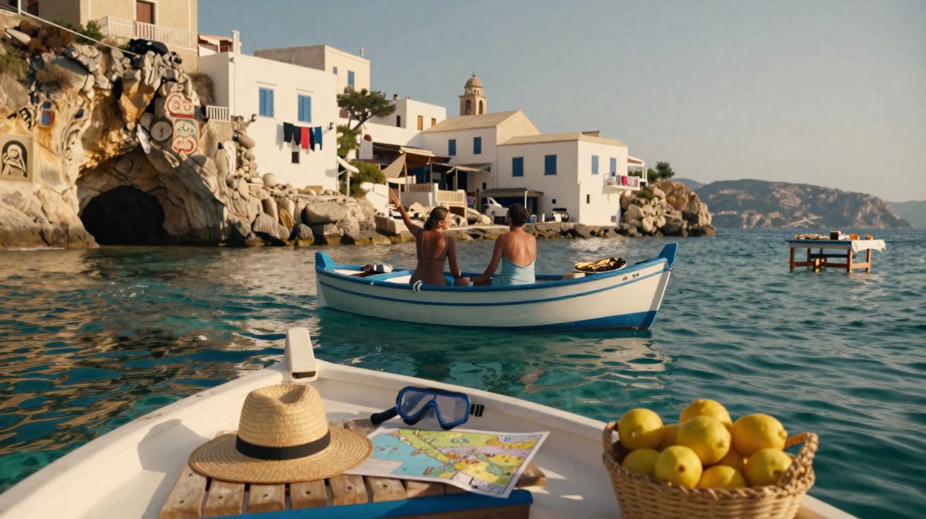 Casal num barco junto a aldeia costeira com casas brancas e cesto de limões num barco próximo.