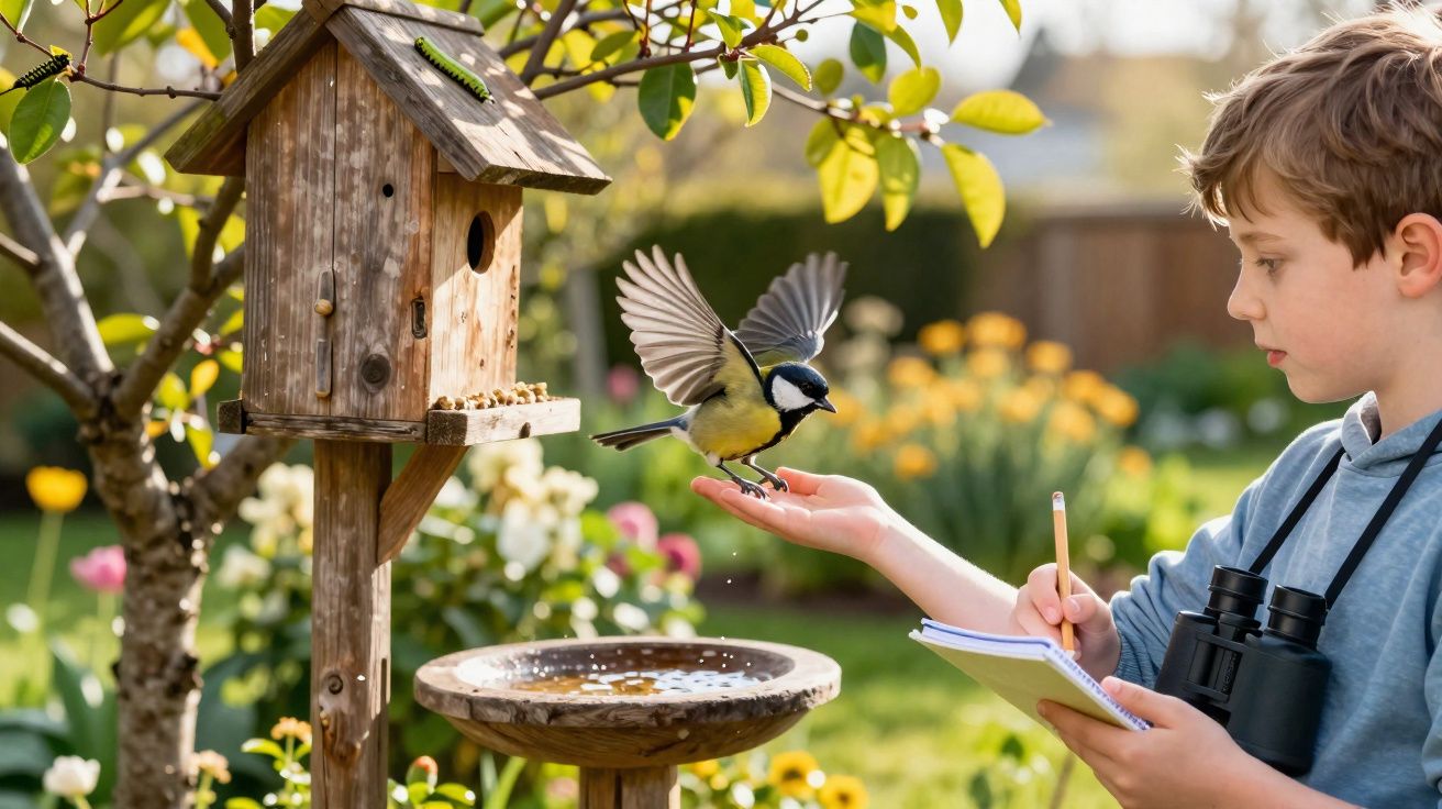 Menino observa e alimenta um pássaro na mão, com casa de pássaro e jardim florido ao fundo.