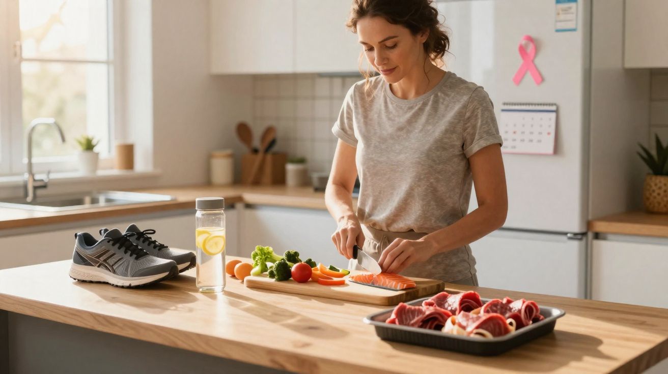 Mulher a preparar salmão e legumes na cozinha moderna com ténis e garrafa de água sobre o balcão.