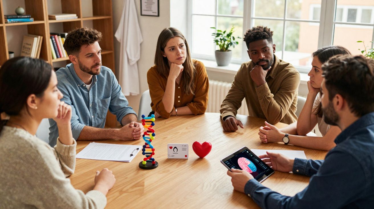Grupo de seis pessoas em reunião com modelo de ADN e tablet de imagens médicas numa mesa de madeira.