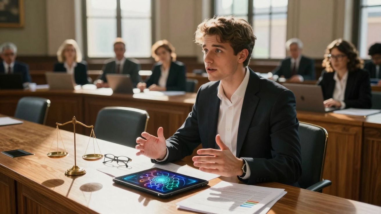 Jovem advogado a apresentar argumentos numa sala de tribunal com balança da justiça e público ao fundo.