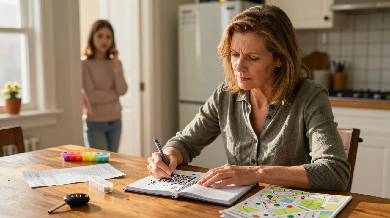 Mulher sentada a desenhar numa agenda numa mesa, criança observa ao fundo numa cozinha.