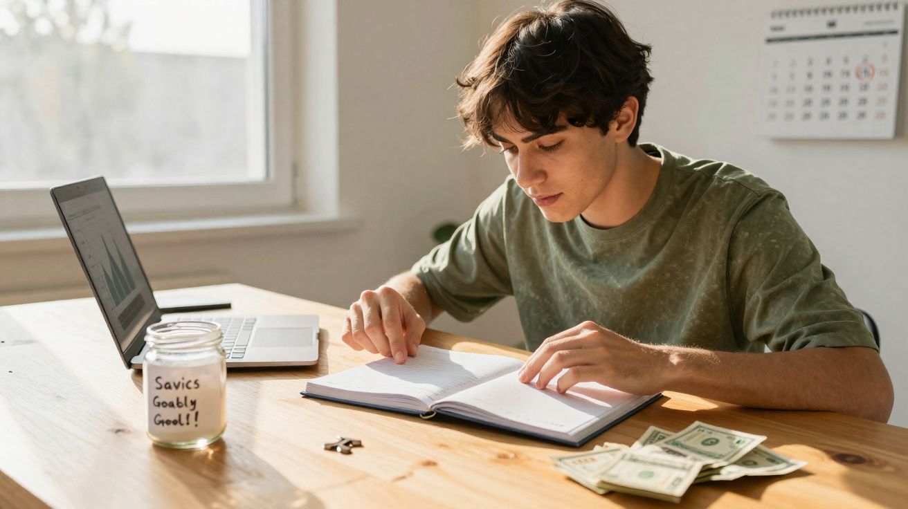 Jovem sentado a estudar com caderno aberto, notas de dólar e computador numa mesa de madeira.
