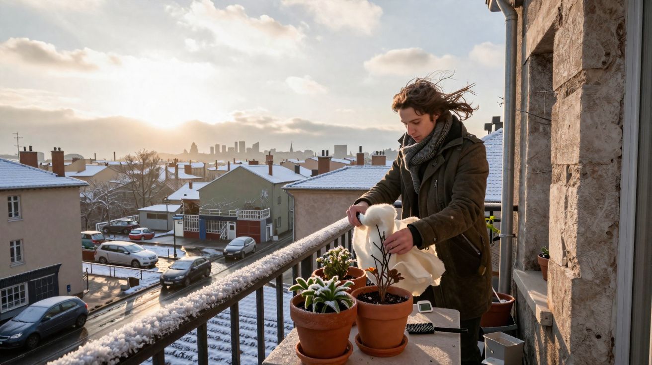 Pessoa a cuidar de plantas num terraço com neve, ao nascer do sol, numa manhã fria de inverno.