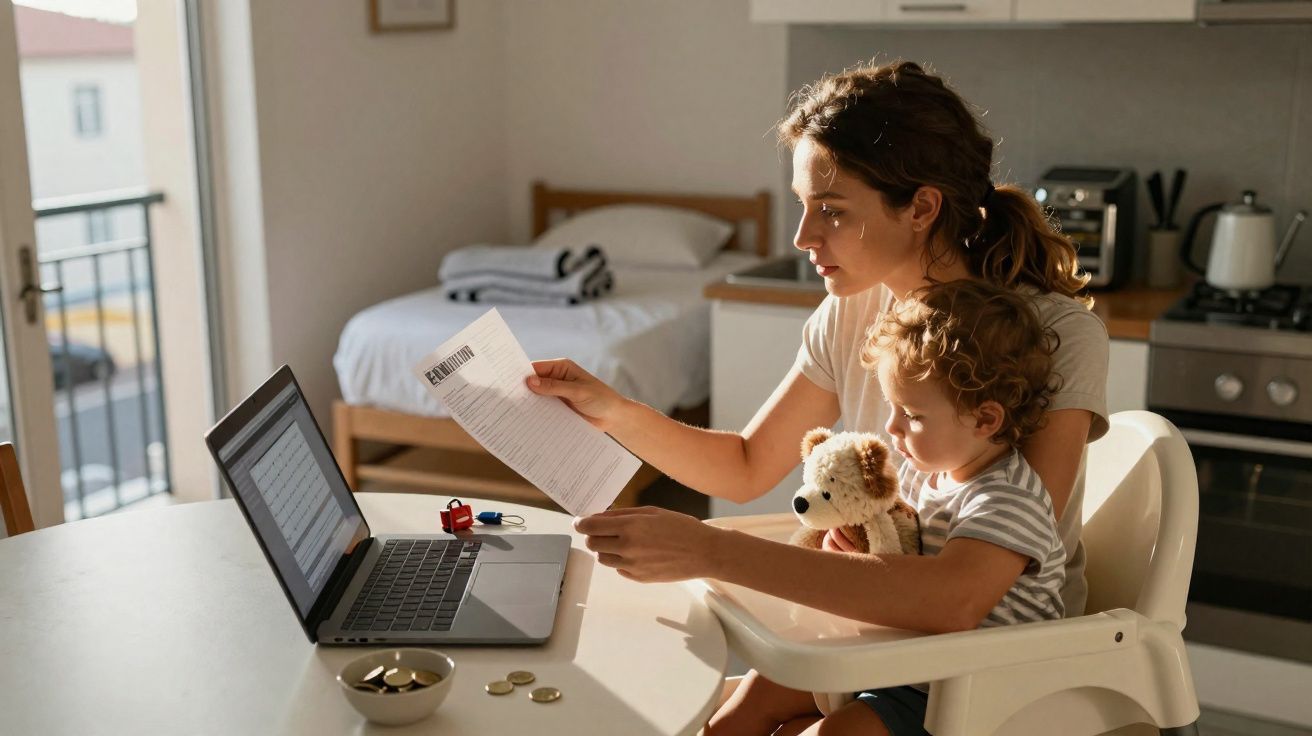 Mulher a trabalhar no computador com criança no colo que segura um brinquedo de peluche numa cozinha.