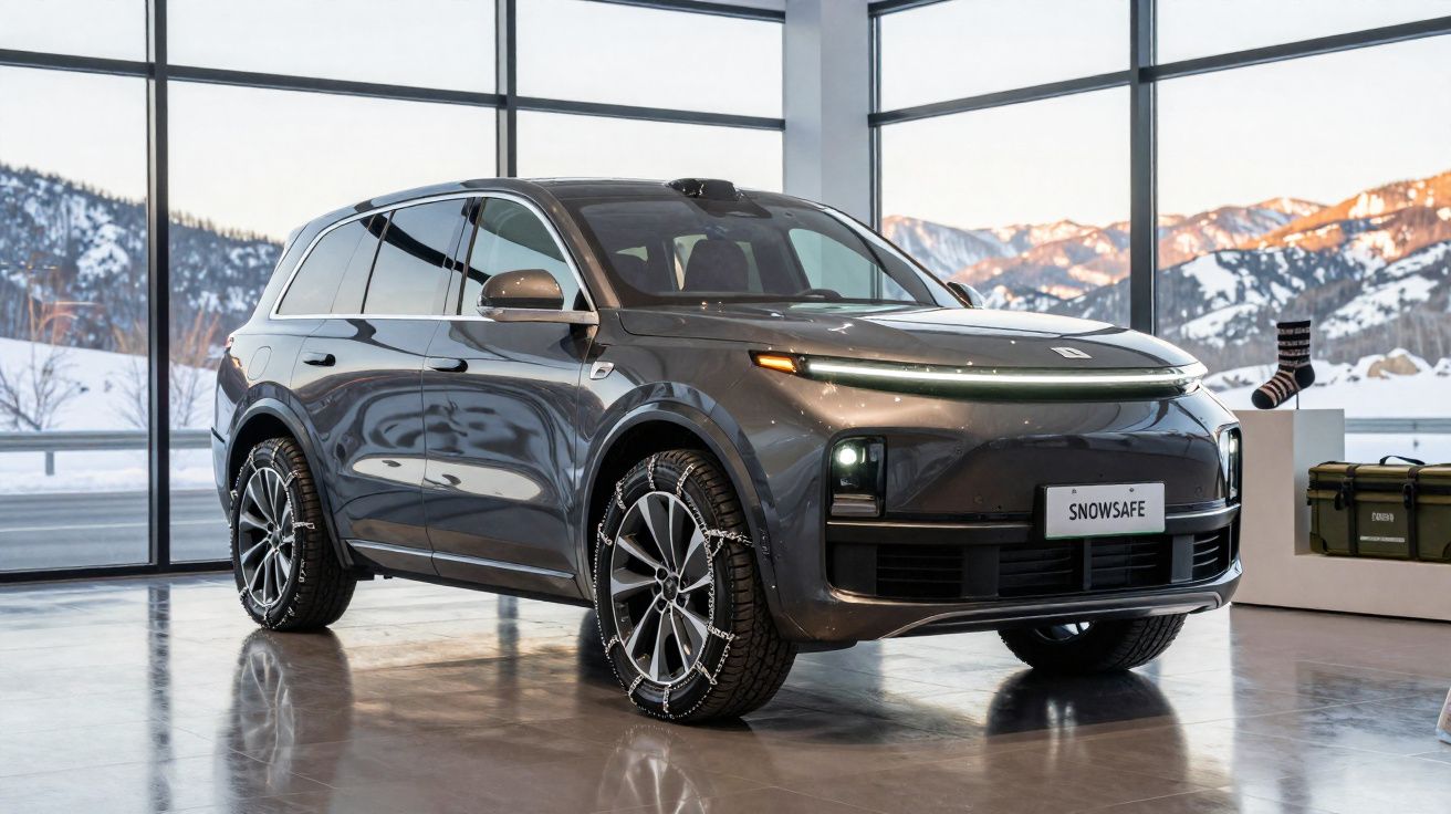 Carro SUV eléctrico cinzento com correntes nas rodas, em ambiente interior com janelas grandes e paisagem de neve.