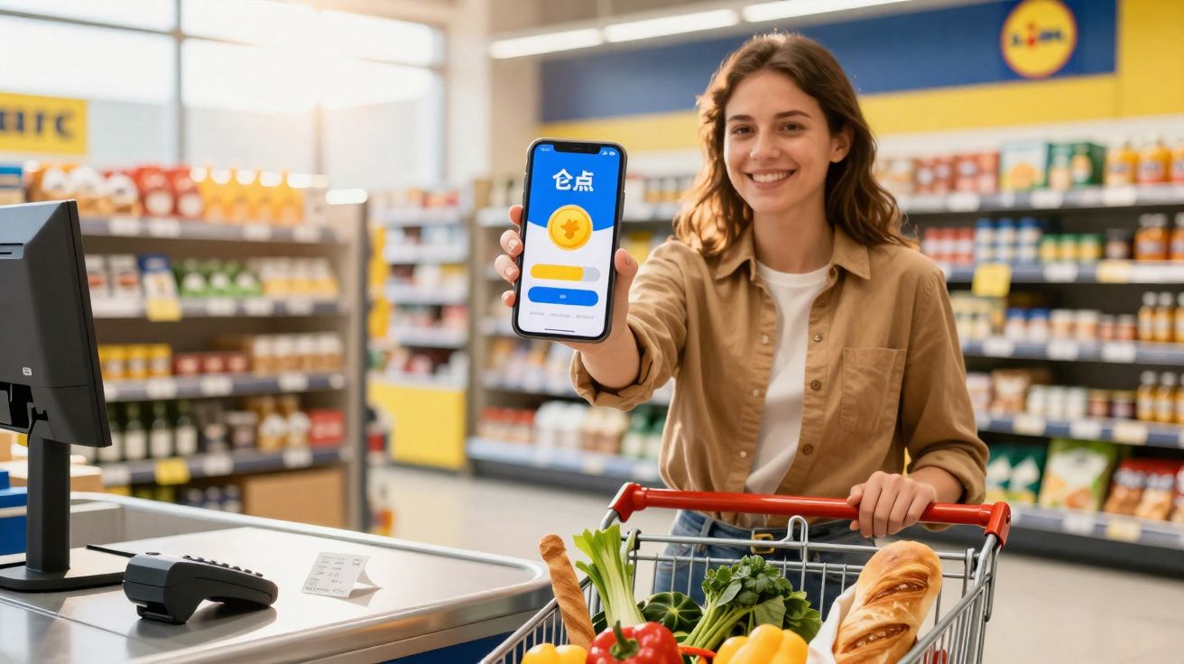 Mulher sorridente num supermercado a mostrar um telemóvel com aplicativo de pontos de recompensa.