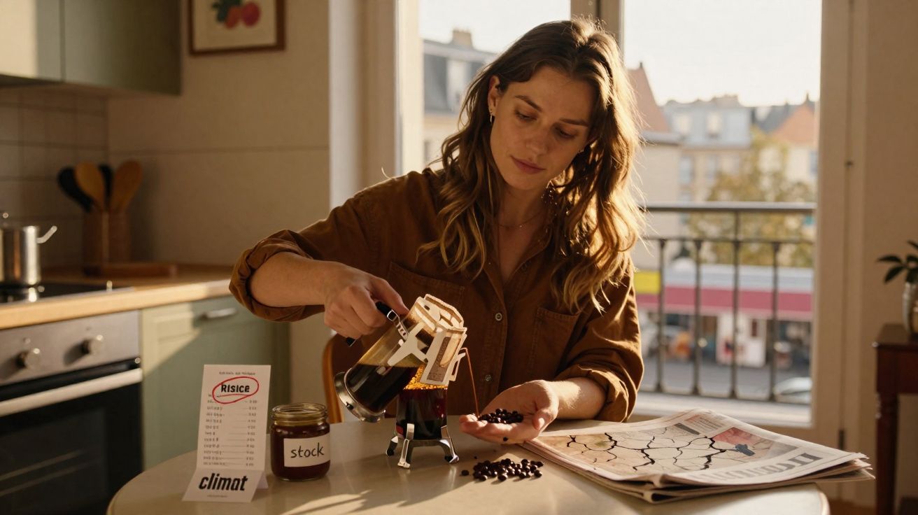 Mulher a preparar café com prensa francesa numa cozinha ao amanhecer, com jornal na mesa.
