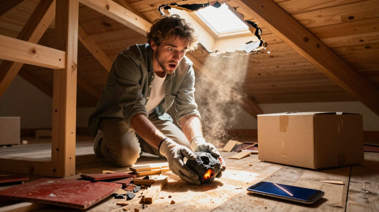 Homem ajoelhado num sótão com expressão de surpresa segurando objeto quente e fumegante junto a buraco no teto.