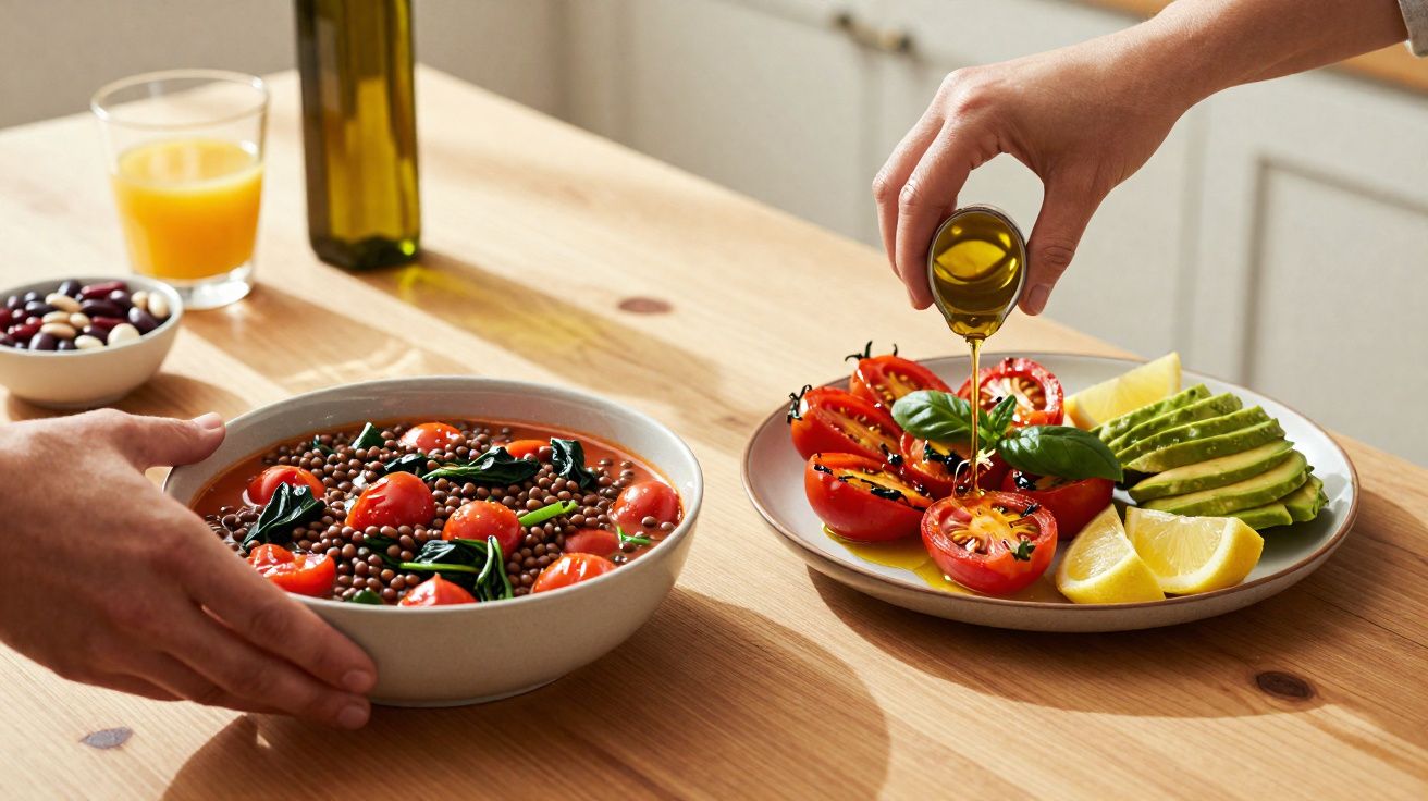 Mãos a servir lentilhas e tomate temperado com azeite, acompanhado de abacate e limão numa mesa de madeira.
