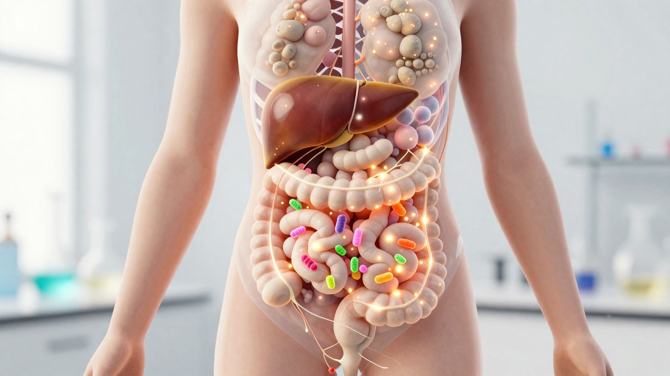Ilustração do sistema digestivo humano com foco em intestinos e microrganismos coloridos.