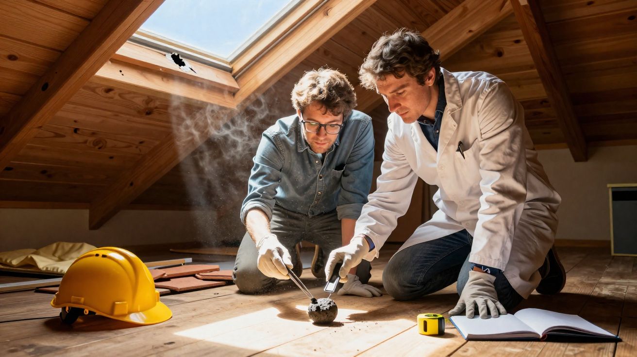 Dois homens em ambiente de sótão analisam amostra fumegante no chão com ferramentas e caderno aberto, com capacete e régua pe