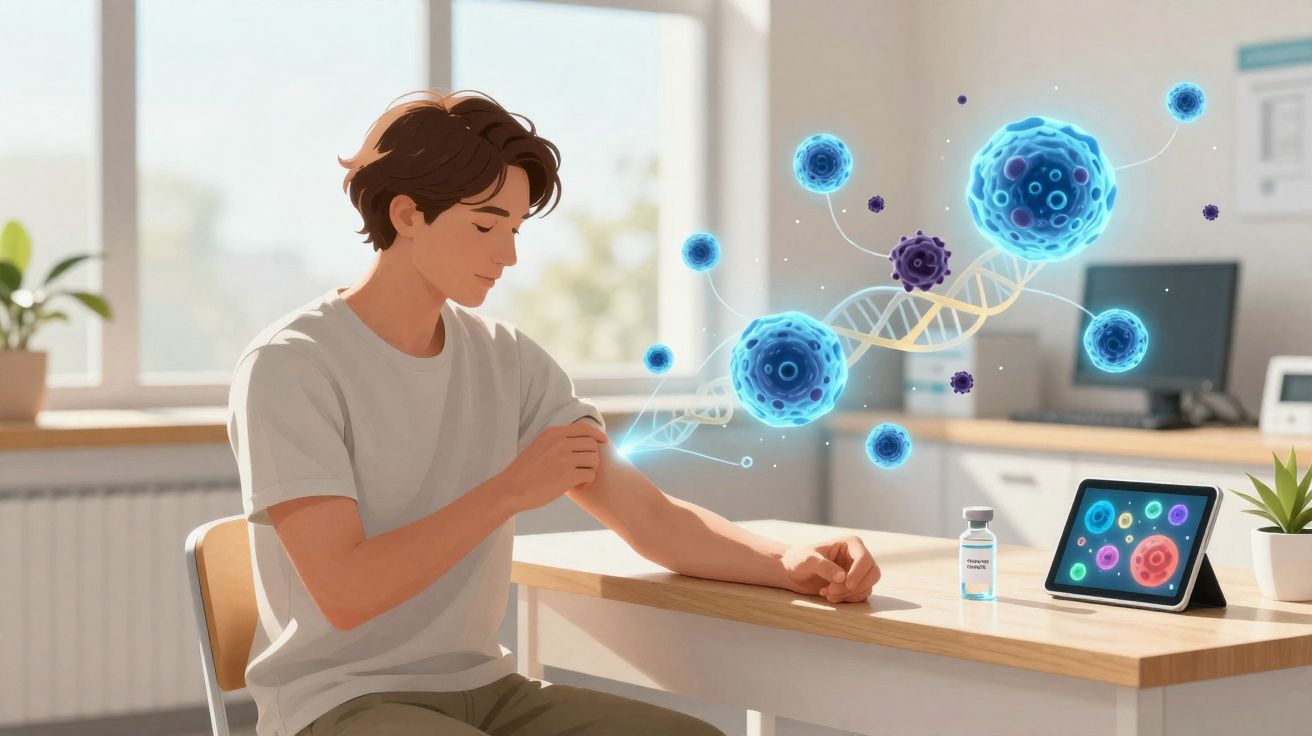 Jovem em ambiente clínico com vacina na mão e ilustração digital de células e ADN à frente.