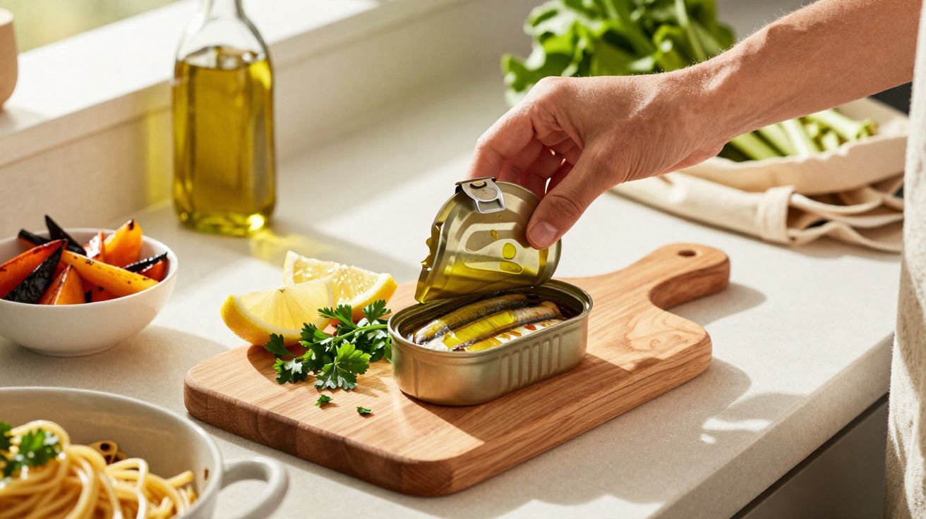 Pessoa a abrir uma lata de sardinhas sobre tábua de madeira, com limão, salsa e comida ao lado numa bancada.