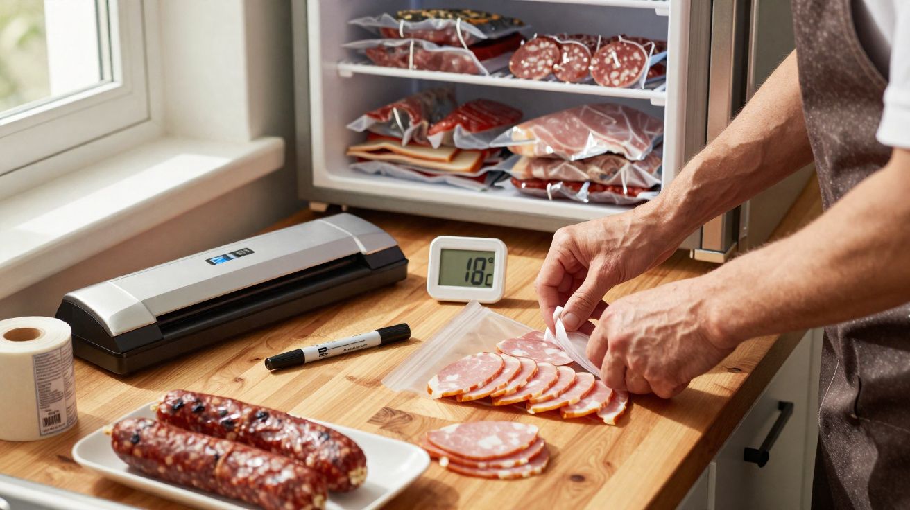 Pessoa a embalar fiambres fatiados para vácuo numa cozinha com máquina de embalamento e frigorífico aberto.
