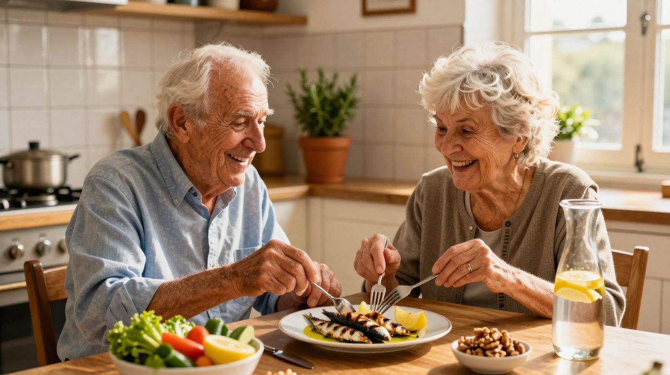 Casal idoso feliz a comer peixe grelhado e legumes numa cozinha luminosa e acolhedora.