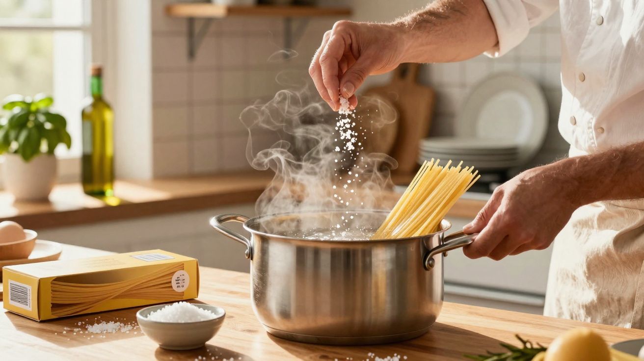 Pessoa a temperar com sal água em panela com espaguete numa cozinha iluminada e moderna.