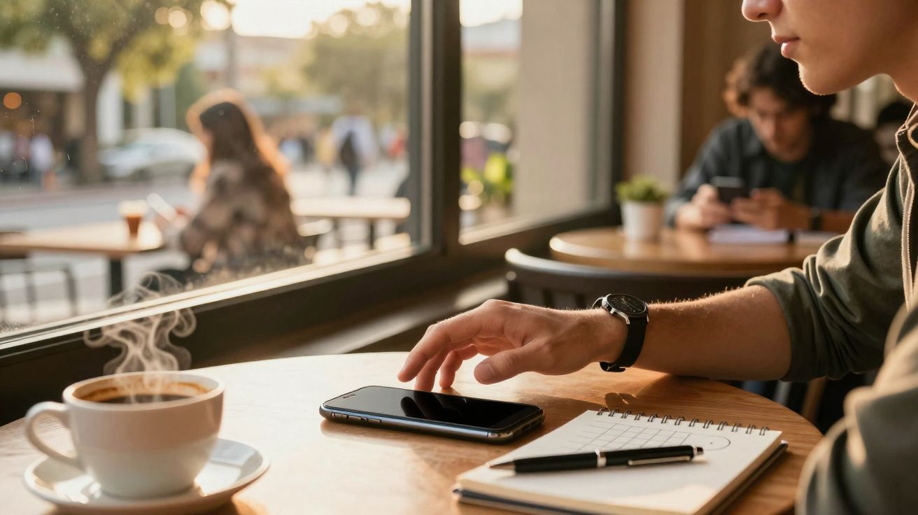 Pessoa numa mesa de café com chávena de café, telemóvel, caderno e caneta, junto a uma janela iluminada.