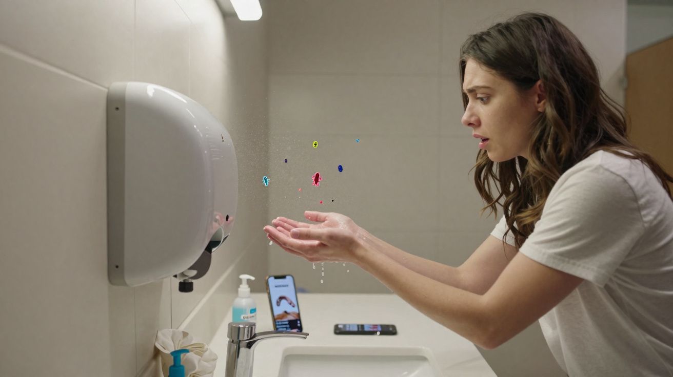Mulher espantada vê partículas coloridas saírem das suas mãos na casa de banho.