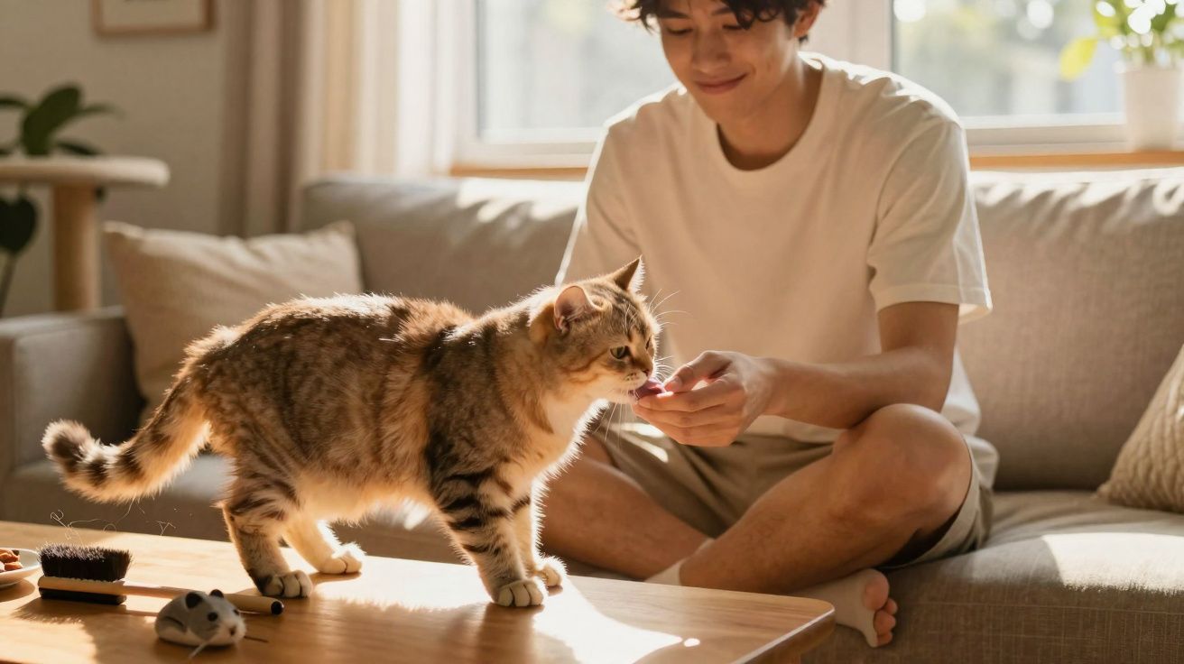 Pessoa a dar um petisco a um gato castanho e branco numa mesa de madeira numa sala iluminada.