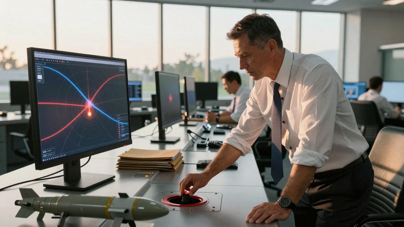 Homem em escritório moderno controla sistema de monitorização com gráficos navais e dispositivo manual num ambiente tecnológi